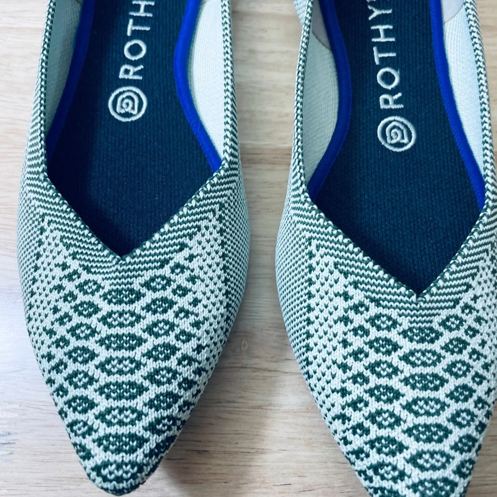 Rothy's The Point Olive Green White Geometric Knit Flats Shoes Women's 9